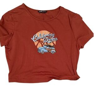 California Dreams Graphic Crop Top Rust Orange Retro Surf Woodie Car M